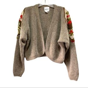 Vtg Brown Wool Angora Floral Embroidery Cardigan M